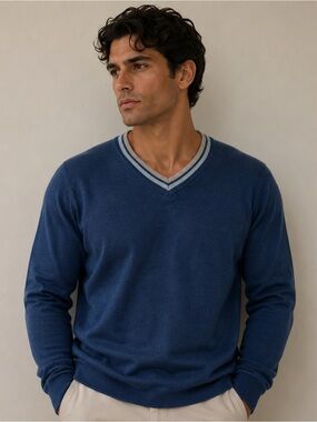 Toscano Classic Men's V-Neck Sweater in Navy with Contrast Trim Wool Blend Large